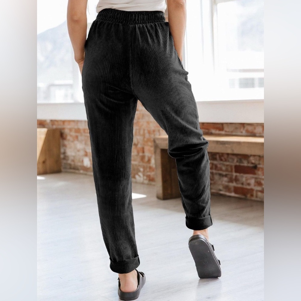 Zenana Outfitters Womens Dark Black  Velvet Corduroy Drawstring Pants